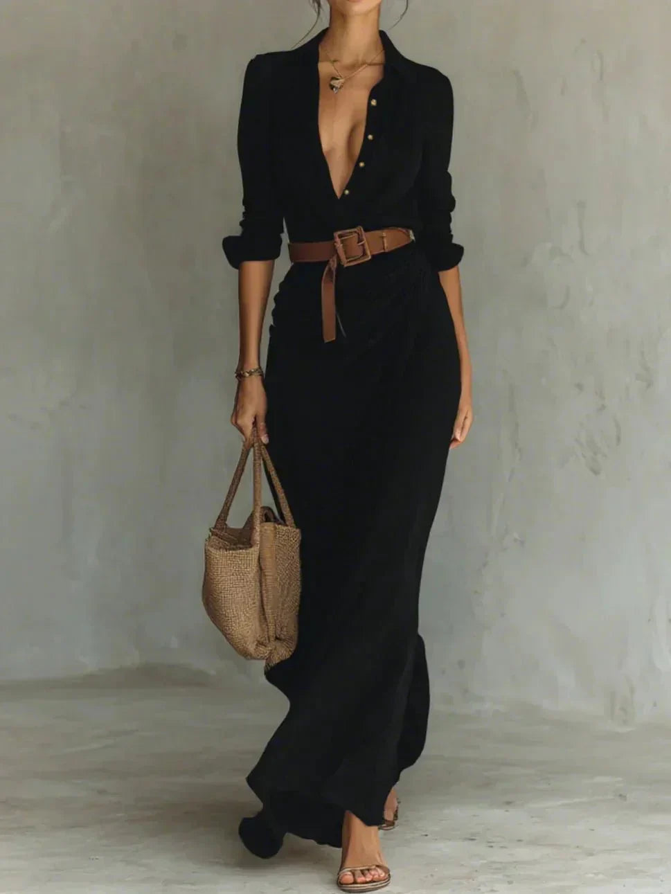 Camille | Robe Maxi avec Revers et Ceinture à la Taille