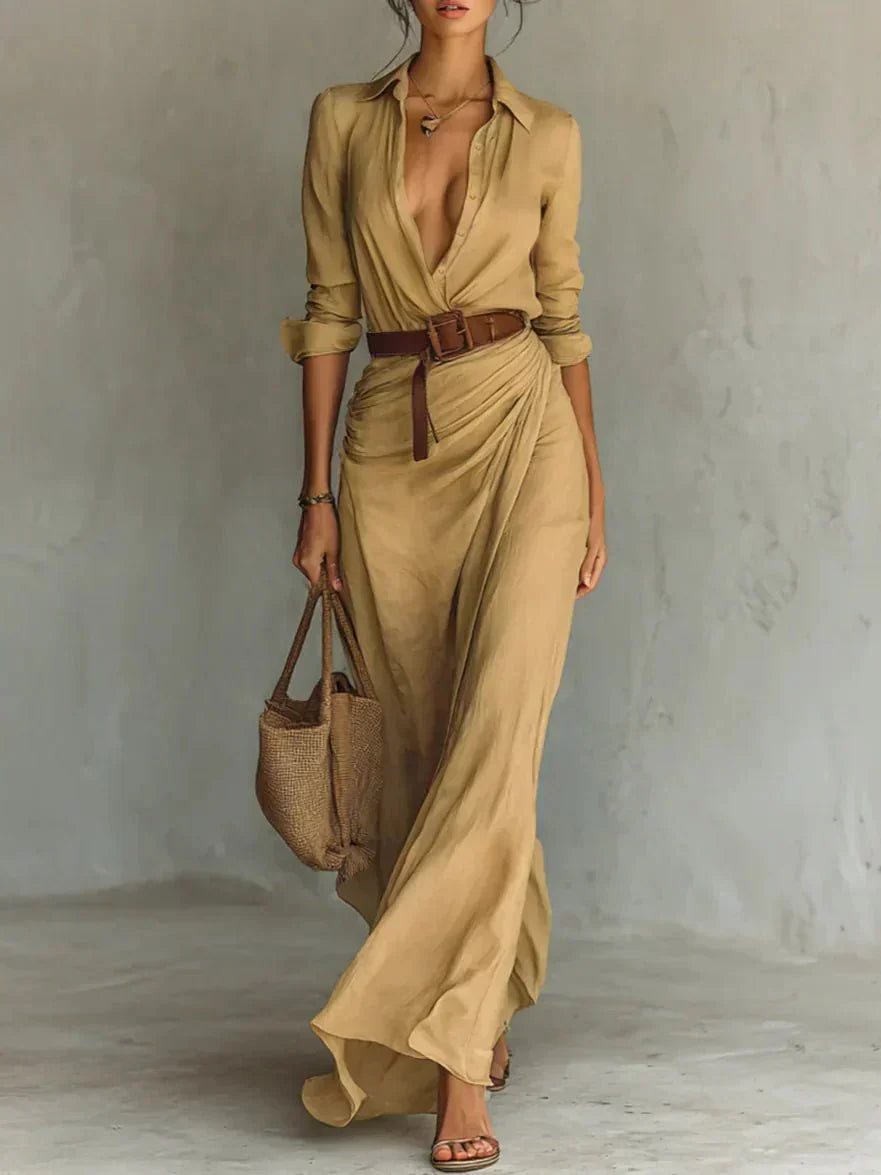 Camille | Robe Maxi avec Revers et Ceinture à la Taille