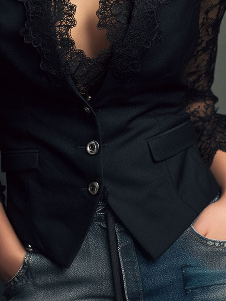 Noémie | Haut Blazer Noir avec Manches Semi-Transparentes