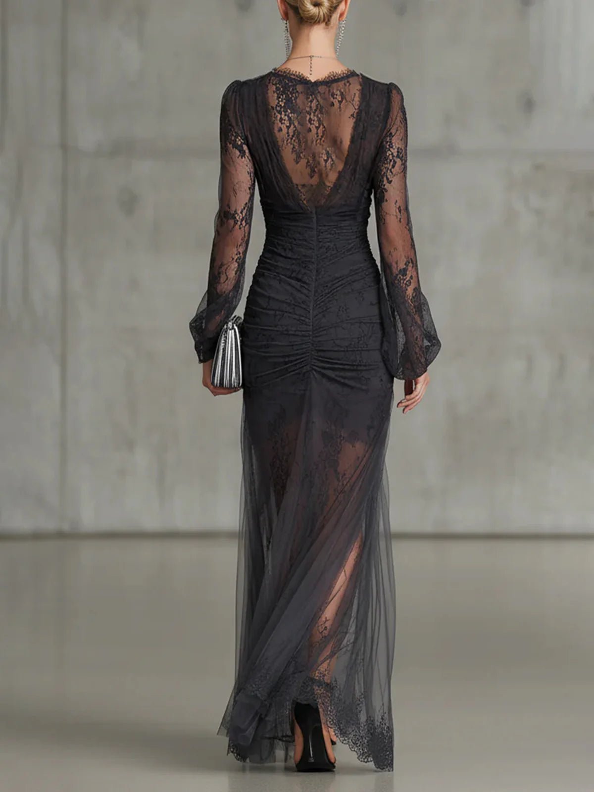 Eloise | Robe Maxi Longue Manches Fendues en Dentelle Drapée