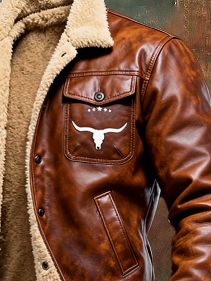 Clemens | Veste d'hiver marron en aspect cuir pour homme avec doublure teddy