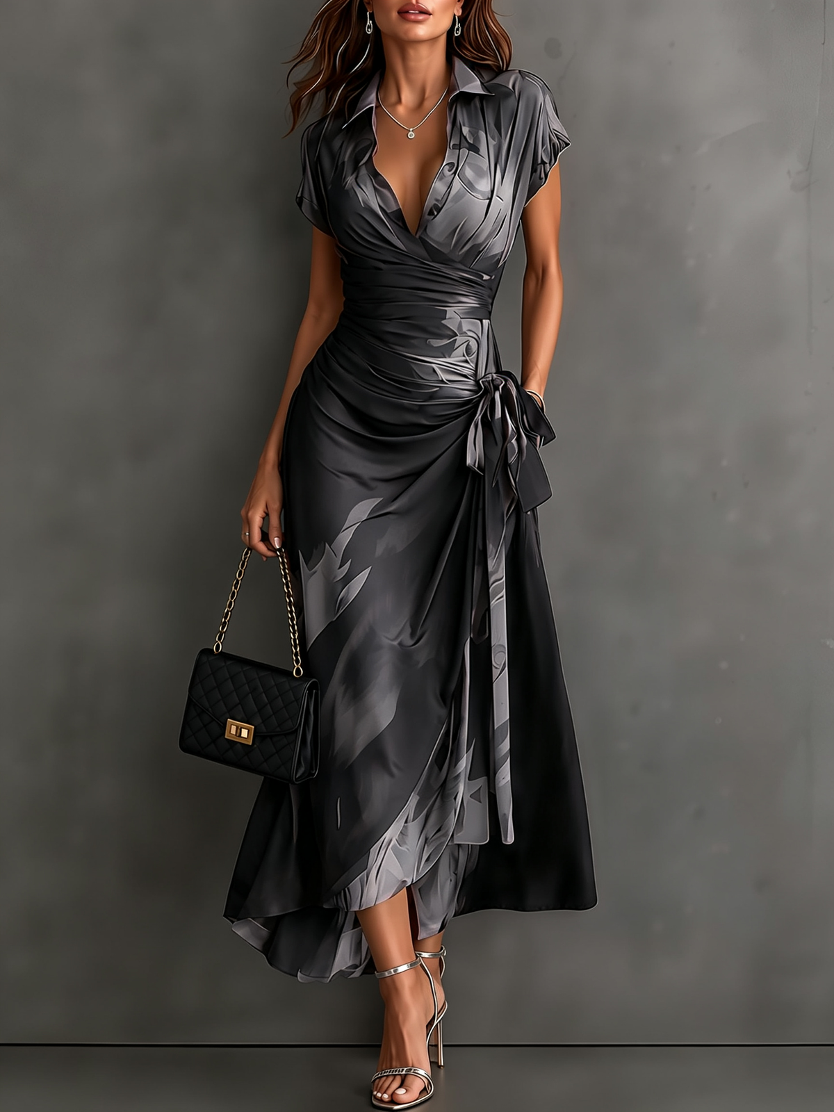 Robe Portefeuille Mi-longue à Imprimé Abstrait Marron Noir
