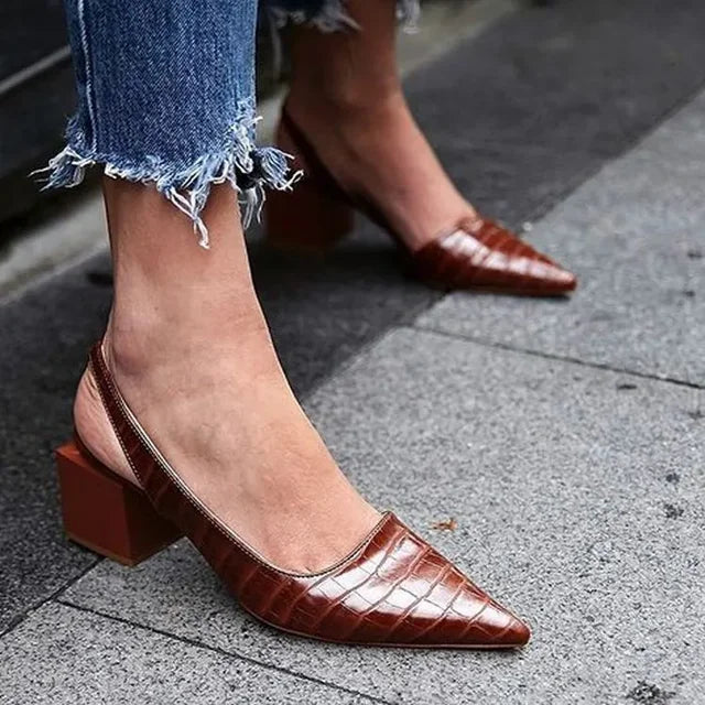 Isobel | Escarpins Slingback à Bout Pointu, Talon Bloc et Effet Croco pour Femme