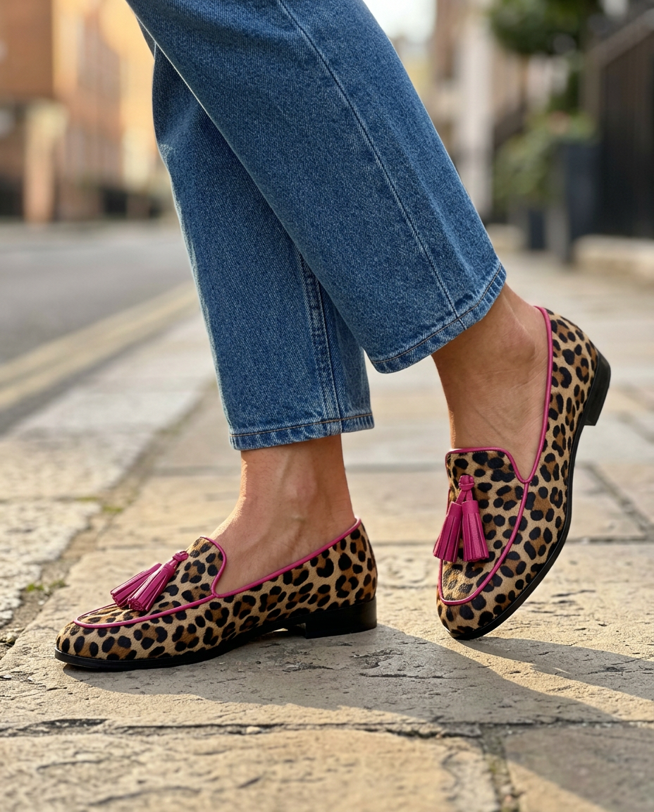 Fiamma Mocassin — Imprimé léopard avec liseré fuchsia et glands