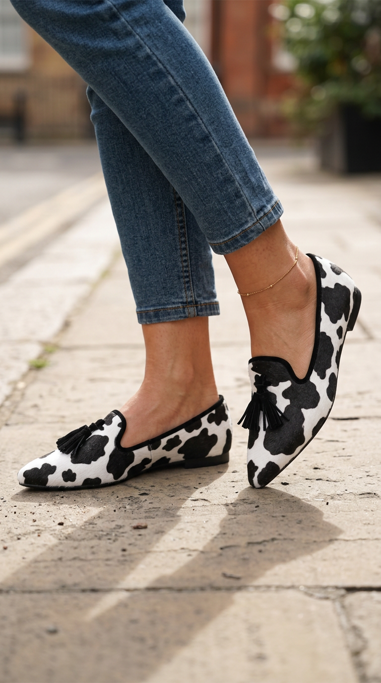 Ginevra Mocassin — Imprimé Vache Noir et Blanc, Pompons Noirs