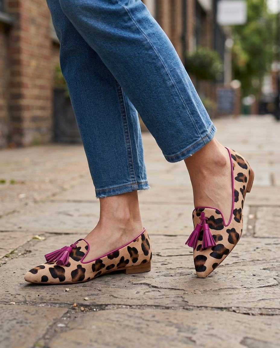 Mocassins Ginevra — Imprimé léopard, Pompons fuchsia
