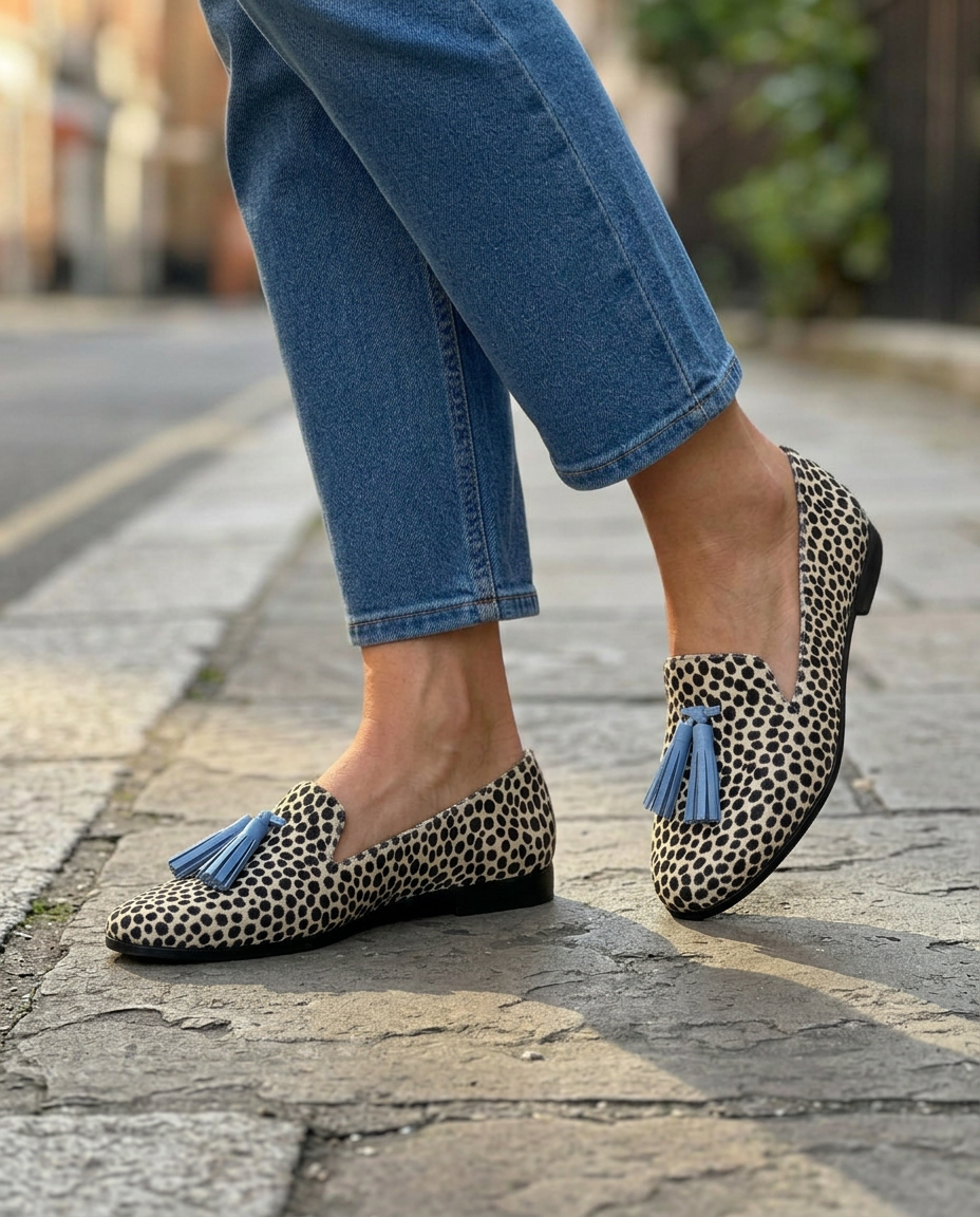 Nadia | Mocassins Léopard noir et blanc avec pompons bleu clair