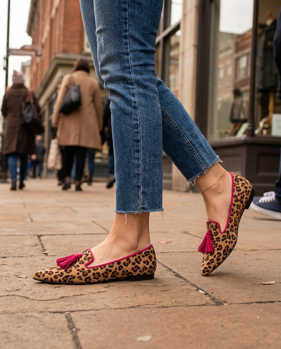 Ginevra Mocassin — Imprimé Léopard en Daim, Glands Fuchsia