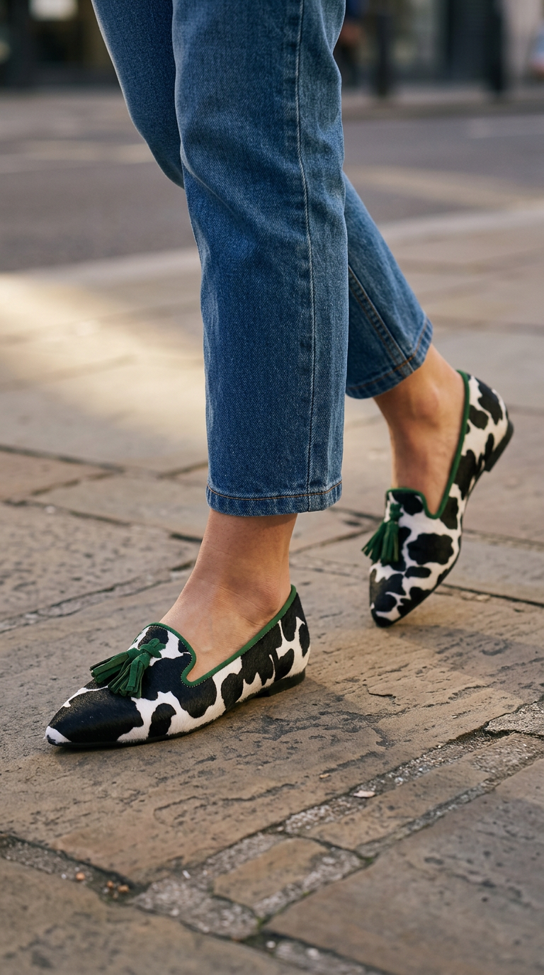 Ginevra Mocassin — Imprimé vache noir et blanc, glands verts
