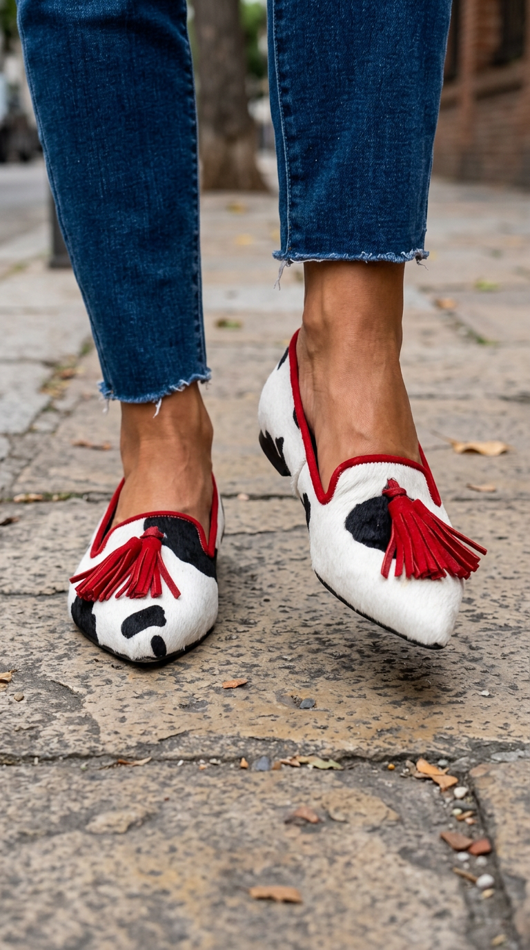 Ginevra Mocassin — Imprimé vache noir et blanc, glands rouges