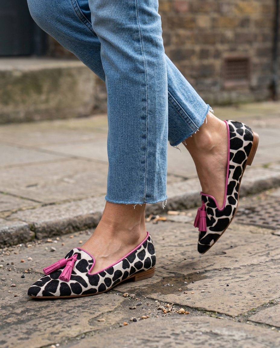 Ginevra Mocassins — Imprimé vache noir et blanc, pompons roses