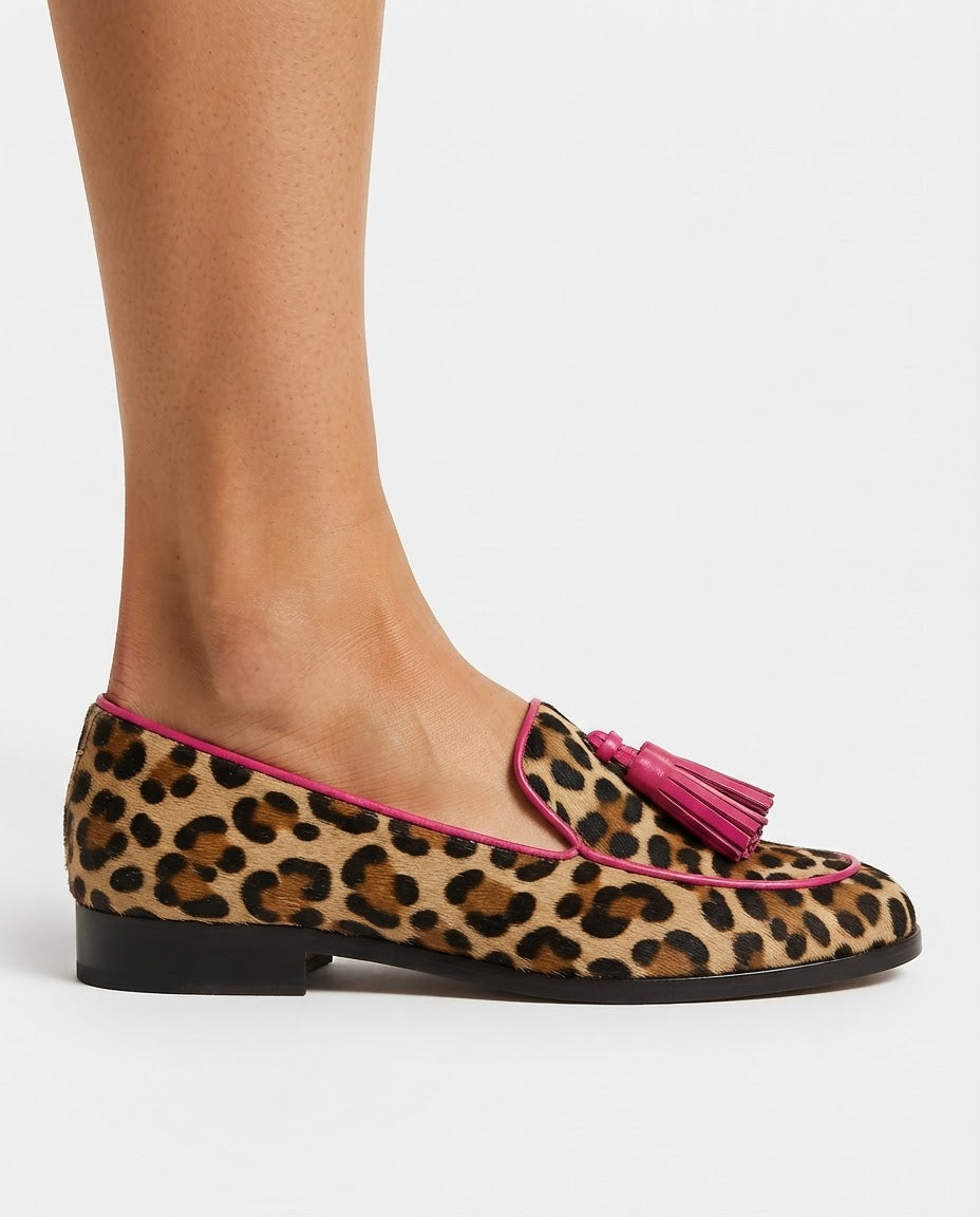Fiamma Mocassin — Imprimé léopard avec liseré fuchsia et glands