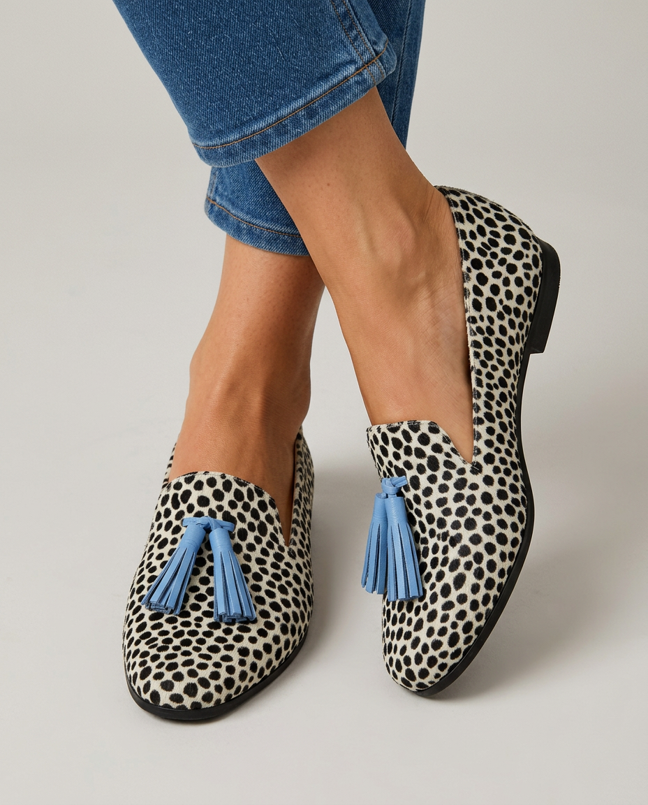 Nadia | Mocassins Léopard noir et blanc avec pompons bleu clair