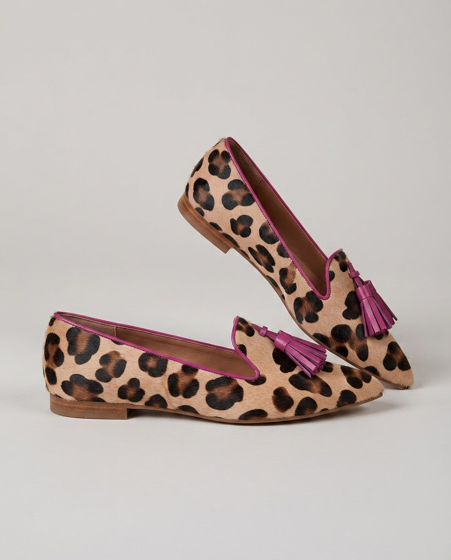 Mocassins Ginevra — Imprimé léopard, Pompons fuchsia