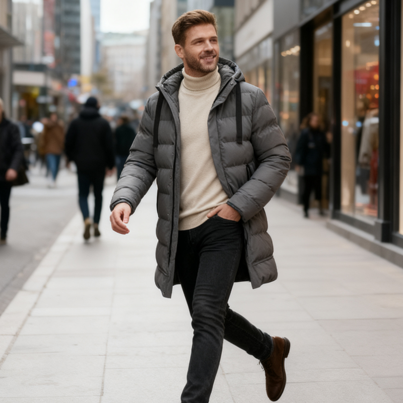 Leon™ | Veste Longue Matelassée pour Homme avec Capuche