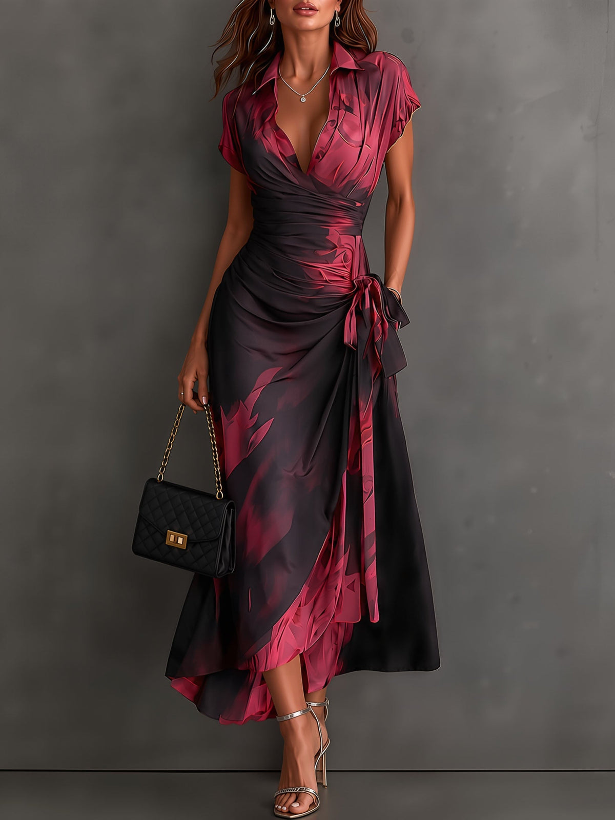 Robe Portefeuille Mi-longue à Imprimé Abstrait Marron Noir