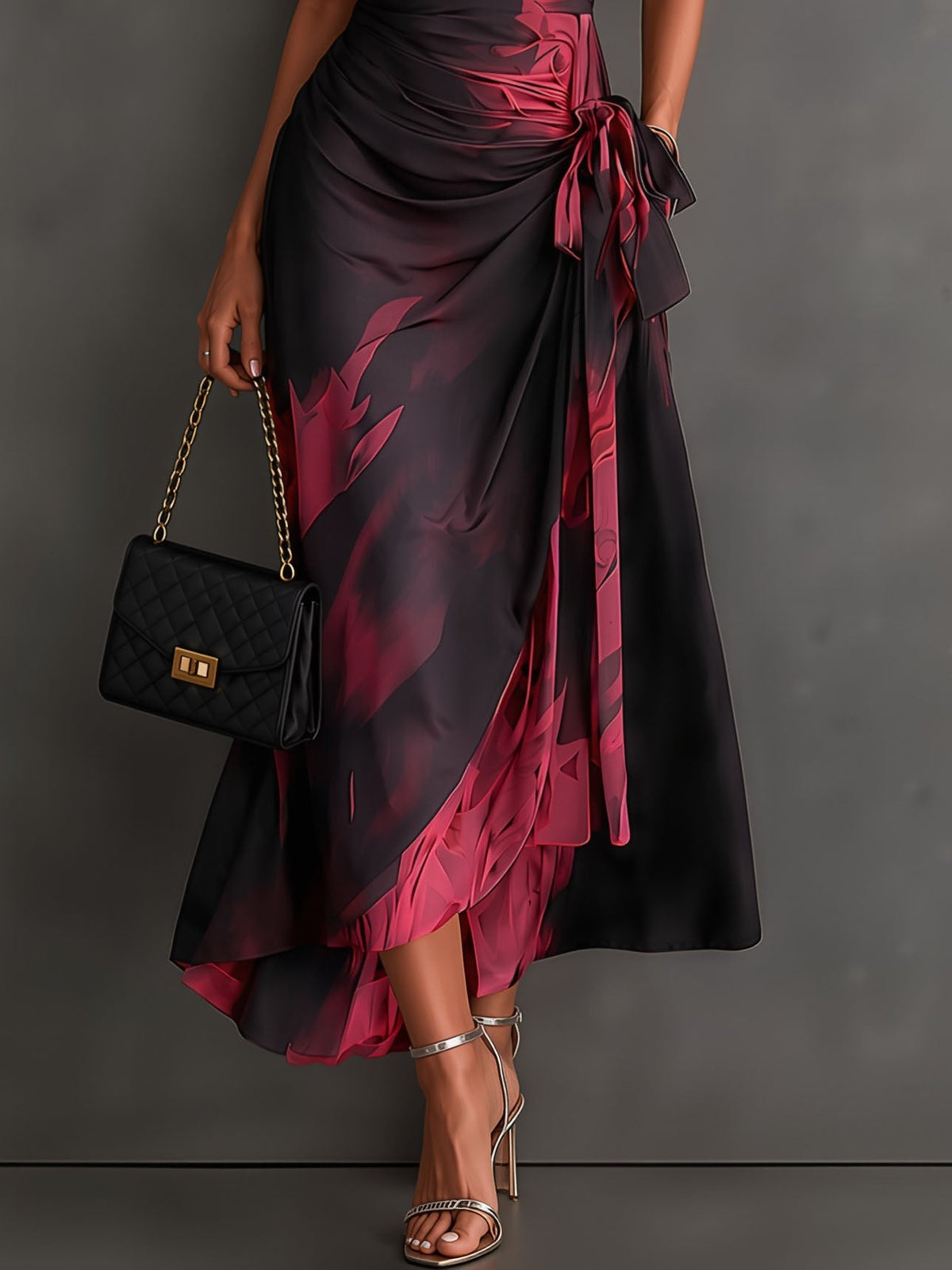 Robe Portefeuille Mi-longue à Imprimé Abstrait Marron Noir